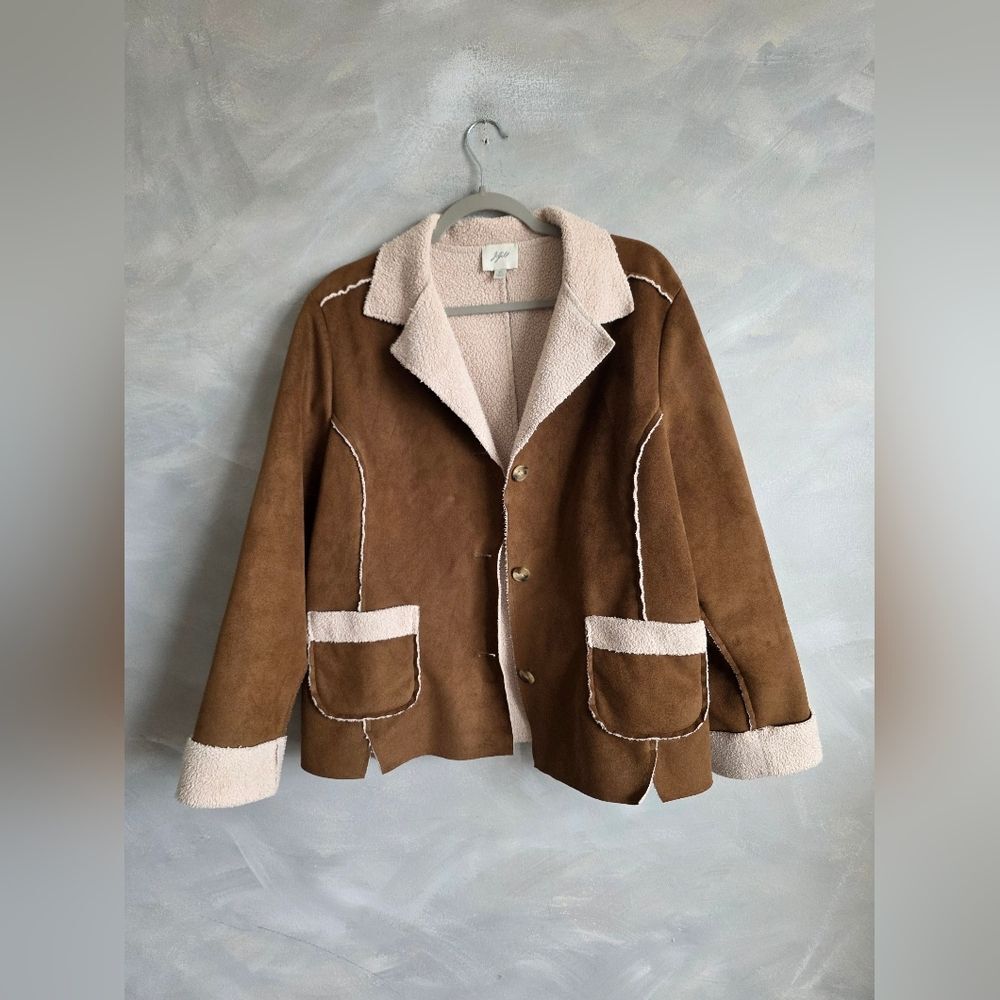 J Jill Jacket Faux Suede Shearling Button Jacket Parka Lightweight Sz XL Brown - Picture 11 of 12